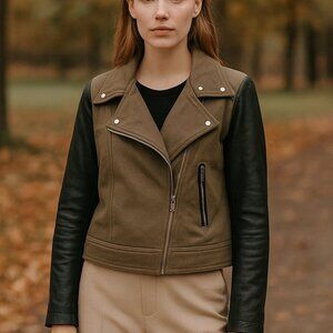 Mackage Minella Leather Biker Moto Jacket Olive Green Black Sz M